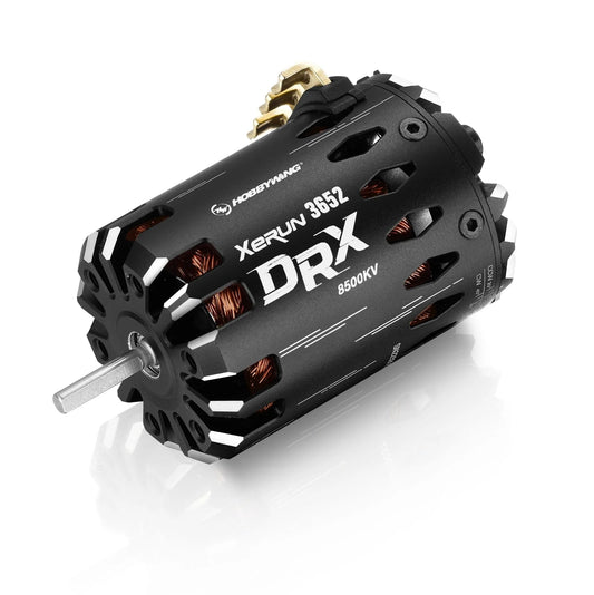 Hobbywing XeRun DRX 3652 8500KV brushless RC motor with black can, vented housing, and solder tabs
