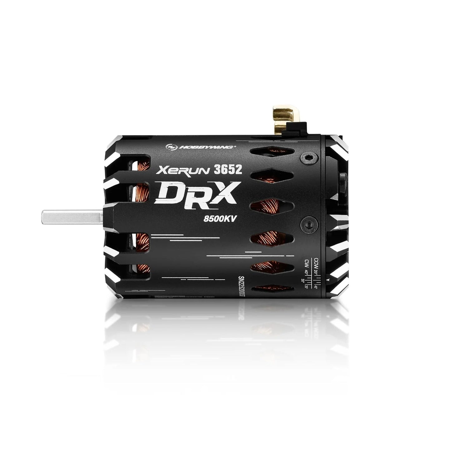 Hobbywing XeRun DRX 3652 8500KV brushless motor with black vented can, exposed copper windings, and output shaft