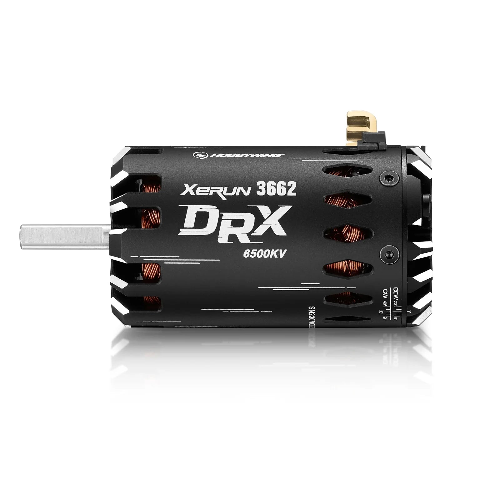 Hobbywing XeRun DRX 3662 6500KV sensored brushless motor with black vented can and exposed copper windings
