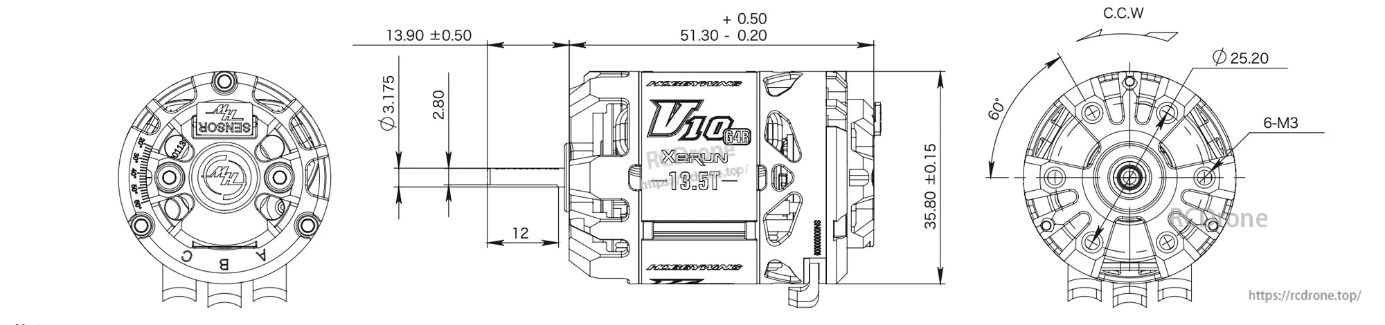 Dimension drawing of Hobbywing XeRun V10 G4R 13.5T sensored brushless motor showing 51.30 mm length and 25.20 mm diameter