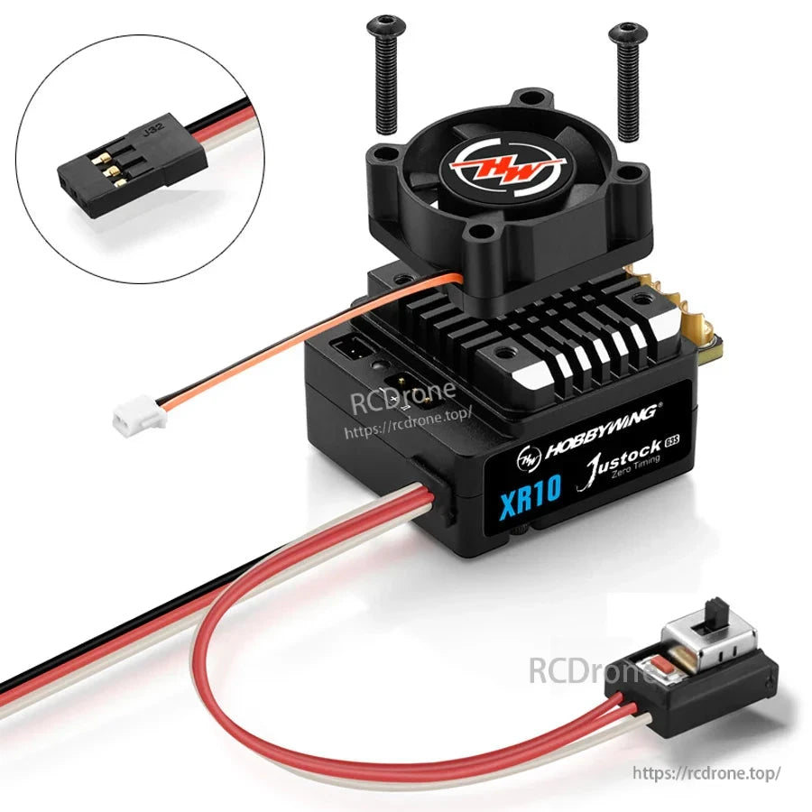 Hobbywing XR10 Justock G3S brushless ESC with cooling fan, power leads, and external on/off switch