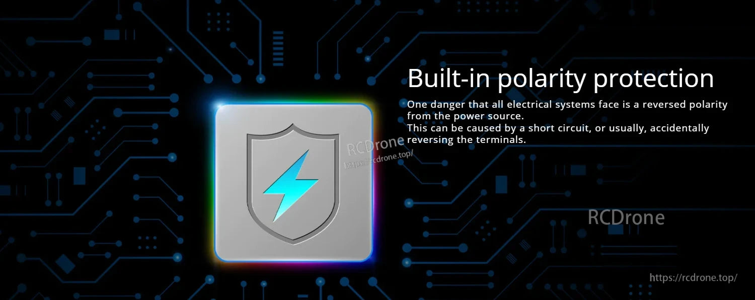 Graphic highlighting built-in polarity protection for the Hobbywing XeRun XR10 Justock G3S sensored ESC