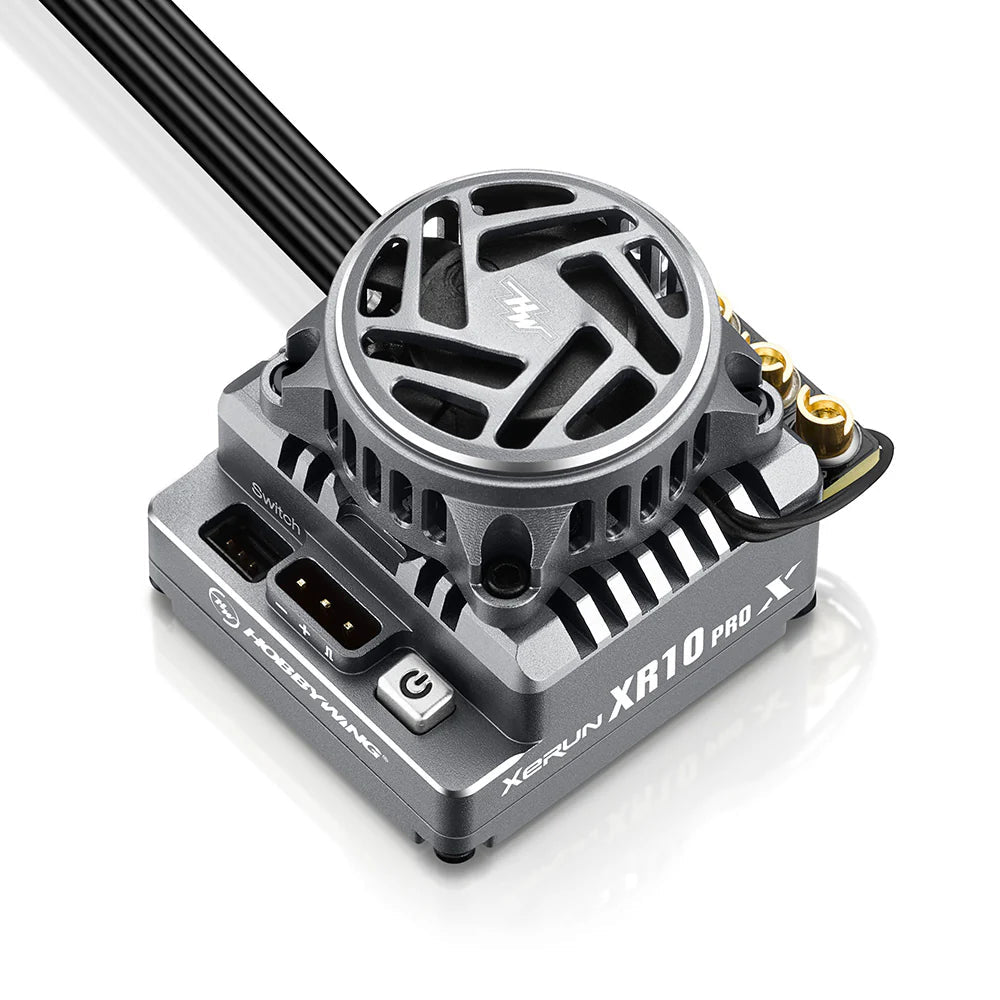Hobbywing XeRun XR10 PRO G3X 160A Brushless ESC, Hobbywing XeRun XR10 Pro brushless ESC with cooling fan, sensor port, and switch connector on top