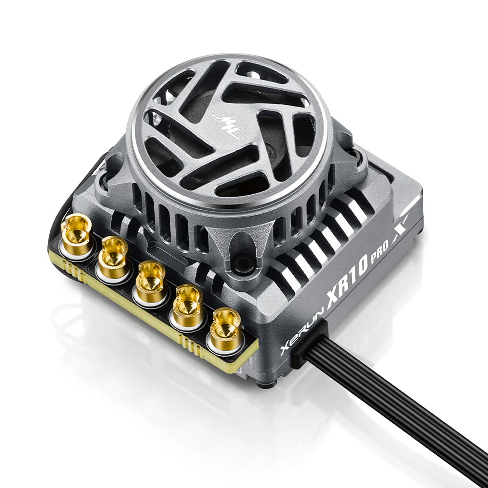 Hobbywing XeRun XR10 PRO G3X 160A Brushless ESC, Hobbywing XeRun XR10 PRO brushless ESC with finned aluminum case, cooling fan, and gold motor terminals
