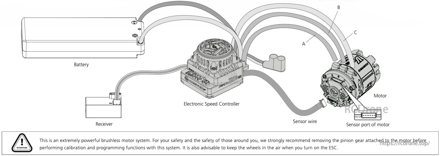 Hobbywing XeRun XR10 PRO G3X 160A Brushless ESC, Wiring diagram for Hobbywing XeRun XR10 Pro brushless ESC showing battery, receiver, motor and sensor wire connections