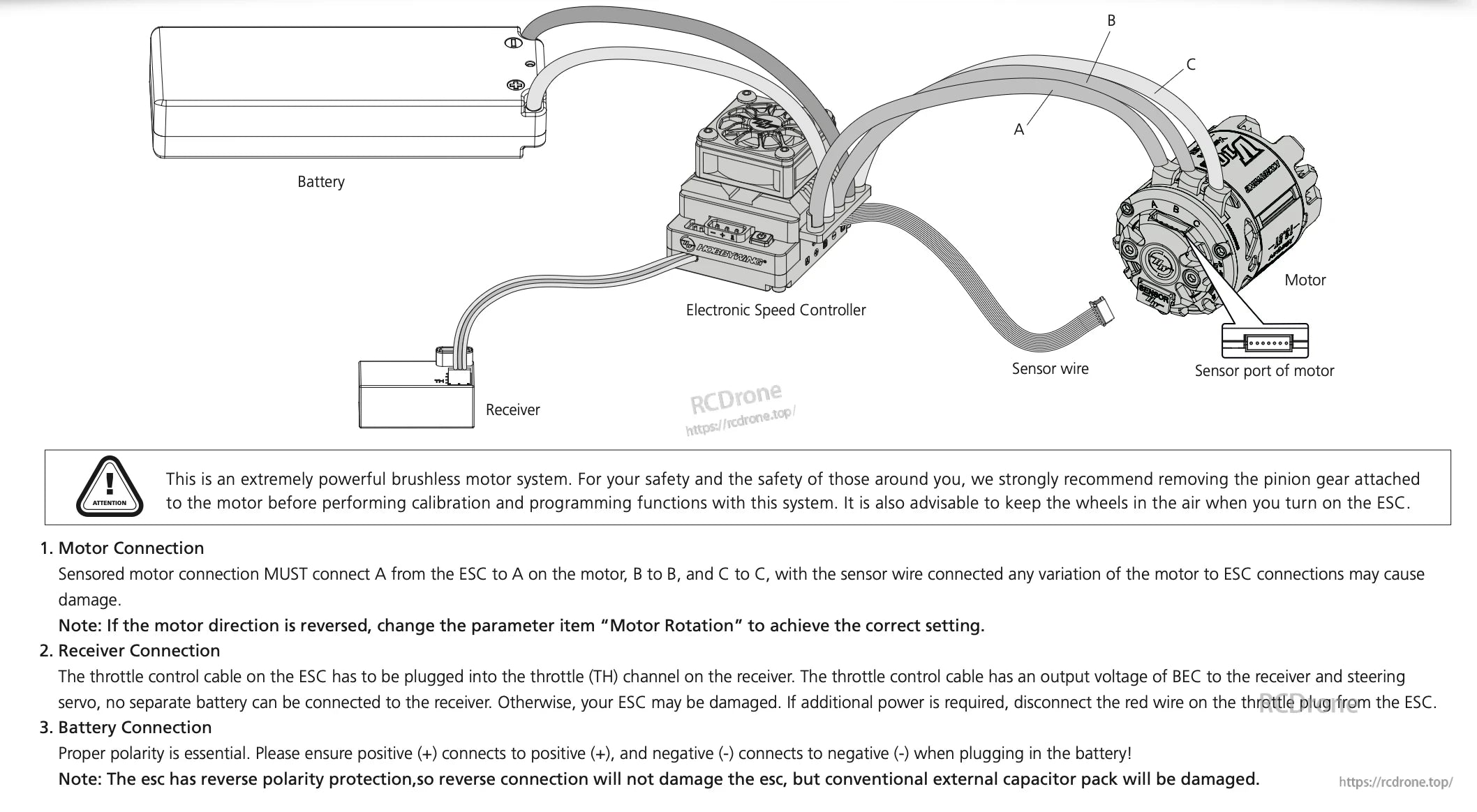 Hobbywing XeRun XR10 PRO Legacy Edition ESC, Wiring diagram for Hobbywing XeRun XR10 PRO ESC showing battery, receiver, motor A/B/C leads and sensor wire