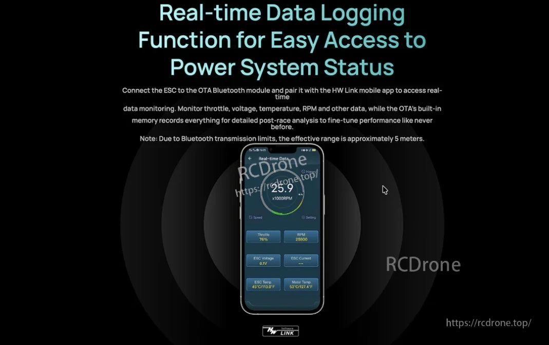 Hobbywing XeRun XR10 PRO Legacy Edition ESC, Hobbywing XeRun XR10 PRO ESC real-time data logging via OTA Bluetooth and HW Link app on a smartphone