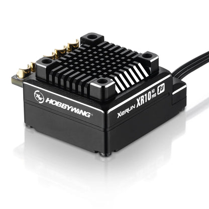 Hobbywing XeRun XR10 Pro HD 1S brushless ESC with finned heatsink, gold solder tabs, and lead wires