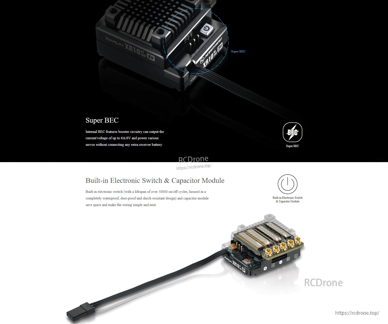 Hobbywing XeRun XR10 Pro 1S sensored brushless ESC with Super BEC (6V/6A) and built-in switch/capacitor module