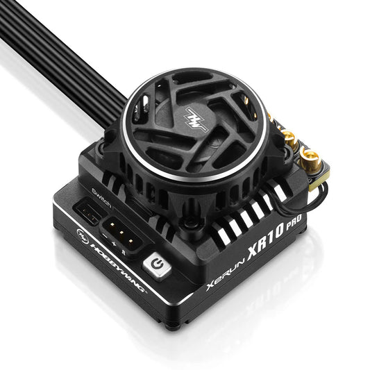 Hobbywing XeRun XR10 Pro G3 ESC with cooling fan, power button, and gold motor connector terminals