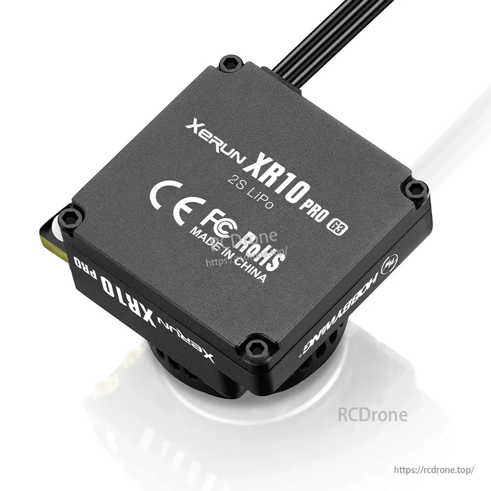Hobbywing XeRun XR10 Pro G3 ESC top view with 2S LiPo marking and CE/FCC/RoHS labels