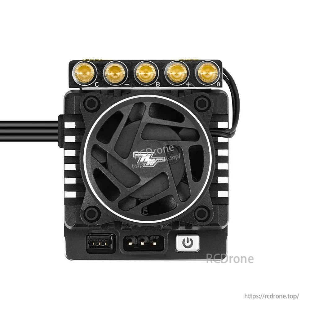 Hobbywing XeRun XR10 Pro G3 ESC with cooling fan, gold bullet terminals (A/B/C, +/−) and power button