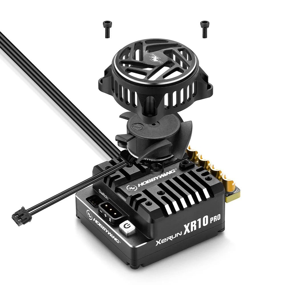 Hobbywing XeRun XR10 Pro G3 ESC, Hobbywing XeRun XR10 Pro G3 RC brushless ESC with cooling fan, heatsink, and motor wire terminals