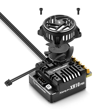 Hobbywing XeRun XR10 Pro G3 ESC, Hobbywing XeRun XR10 Pro G3 RC brushless ESC with cooling fan, heatsink, and motor wire terminals