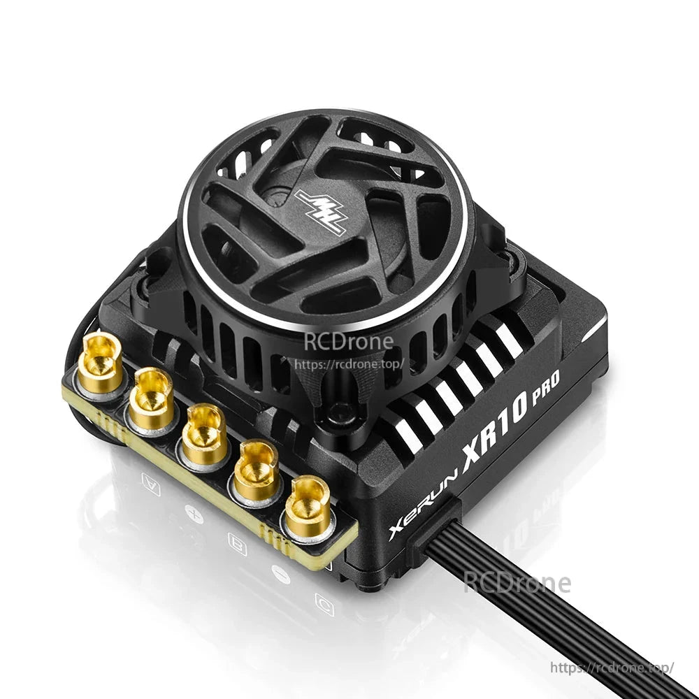 Hobbywing XeRun XR10 Pro G3 ESC, Hobbywing XeRun XR10 Pro ESC with integrated cooling fan and gold bullet motor terminals