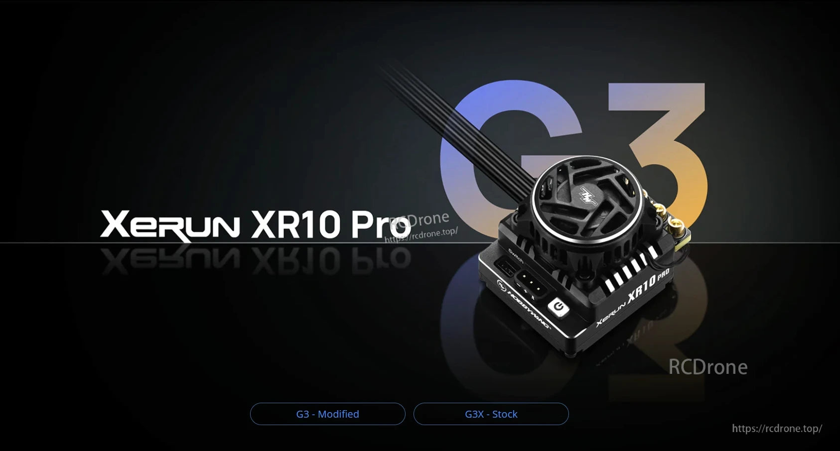 Hobbywing XeRun XR10 Pro G3 ESC, Hobbywing XeRun XR10 Pro G3 RC ESC with cooling fan, power button, and sensor/receiver ports