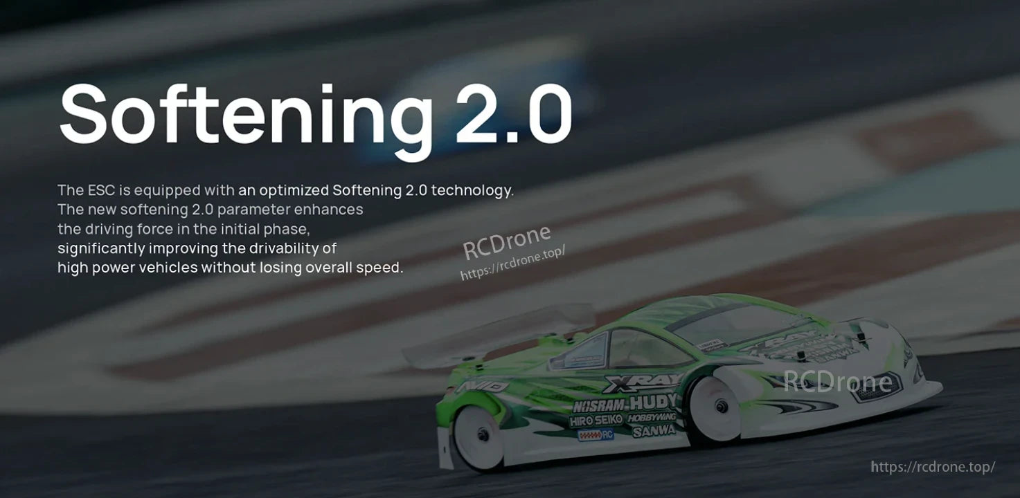 Softening 2.0 feature graphic for Hobbywing XeRun XR10 Pro G3 ESC with RC touring car on track