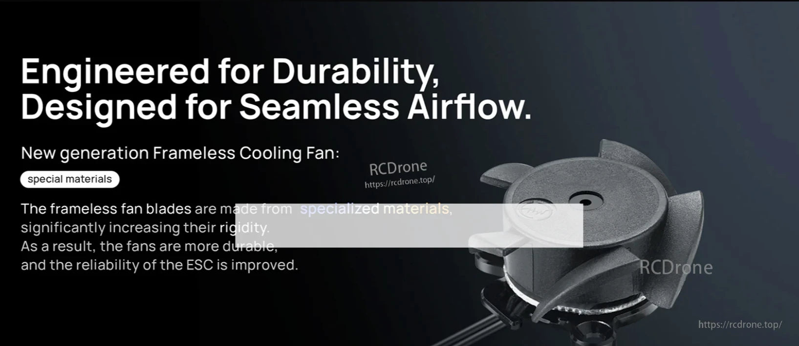 Close-up of the Hobbywing XeRun XR10 Pro G3 ESC frameless cooling fan designed for seamless airflow