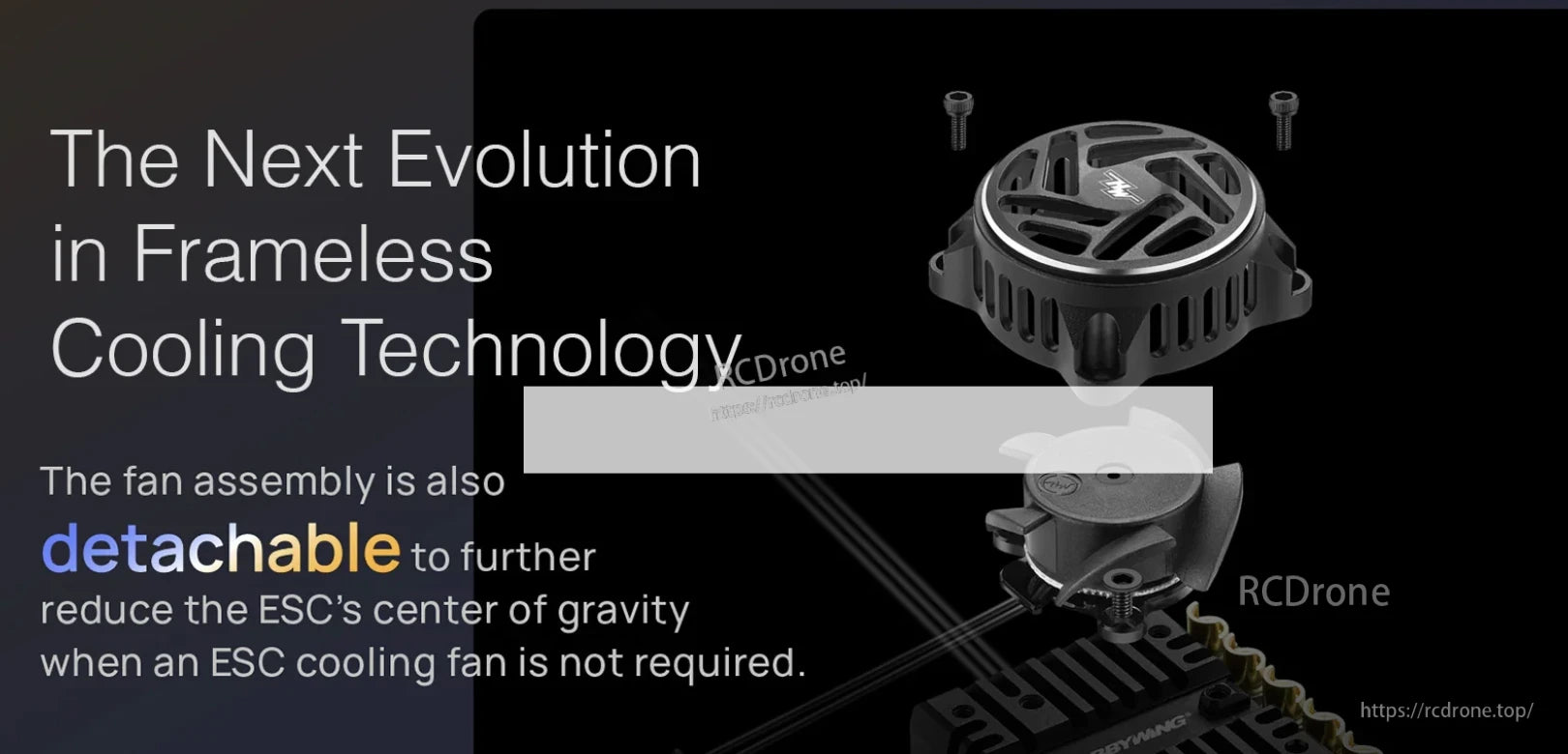 Detachable frameless cooling fan assembly for Hobbywing XeRun XR10 Pro G3 ESC, shown with mounting screws
