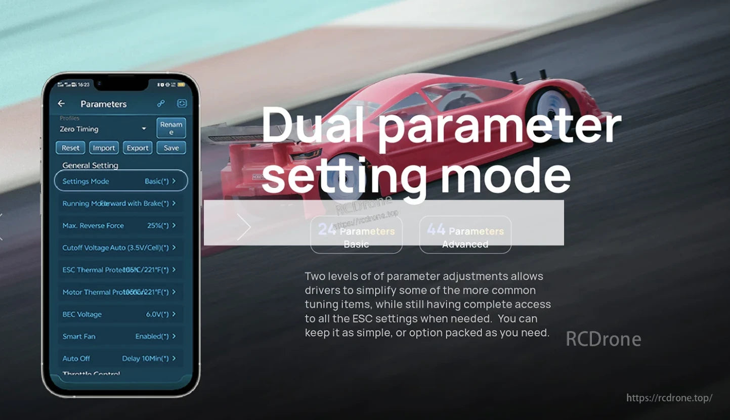 Hobbywing XeRun XR10 Pro G3 ESC app screen showing dual parameter setting mode with basic and advanced options