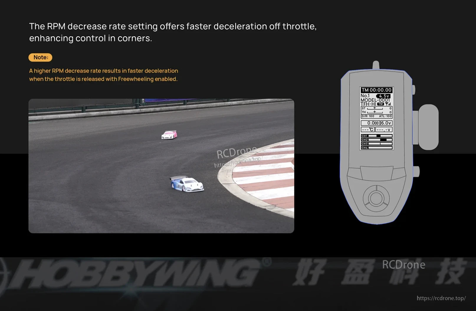 Hobbywing XeRun XR10 Pro G3 ESC tuning graphic showing RPM decrease rate setting for faster off-throttle deceleration