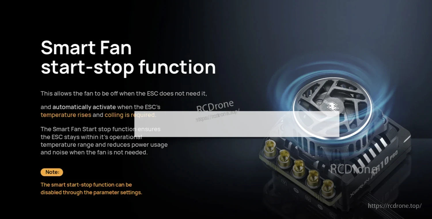 Hobbywing XeRun XR10 Pro G3 ESC, Hobbywing XeRun XR10 Pro ESC with cooling fan, featuring smart fan start-stop function for temperature-based activation