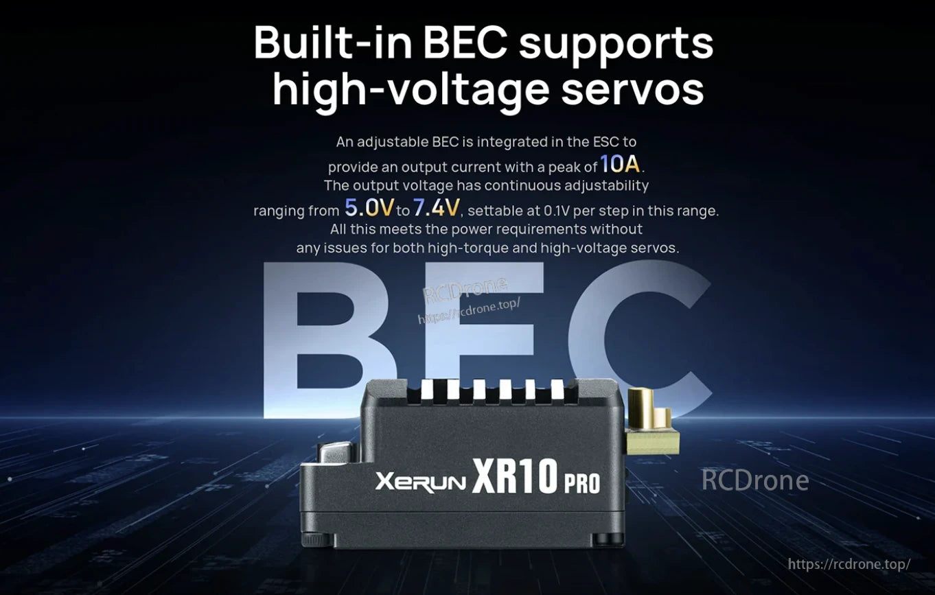 Hobbywing XeRun XR10 Pro G3 ESC with built-in adjustable BEC, 5.0–7.4V output and 10A peak current