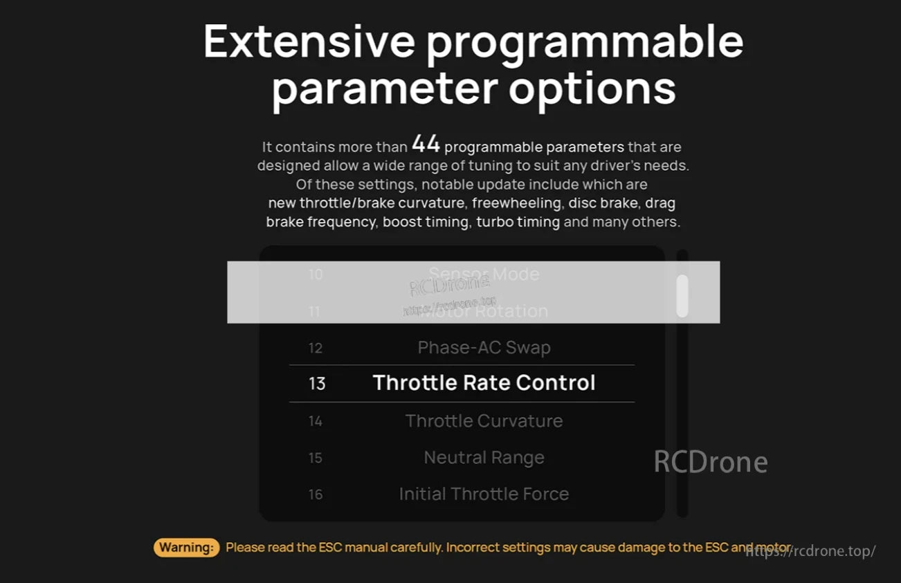 Hobbywing XeRun XR10 Pro G3 ESC programming menu highlighting throttle rate control and parameter options