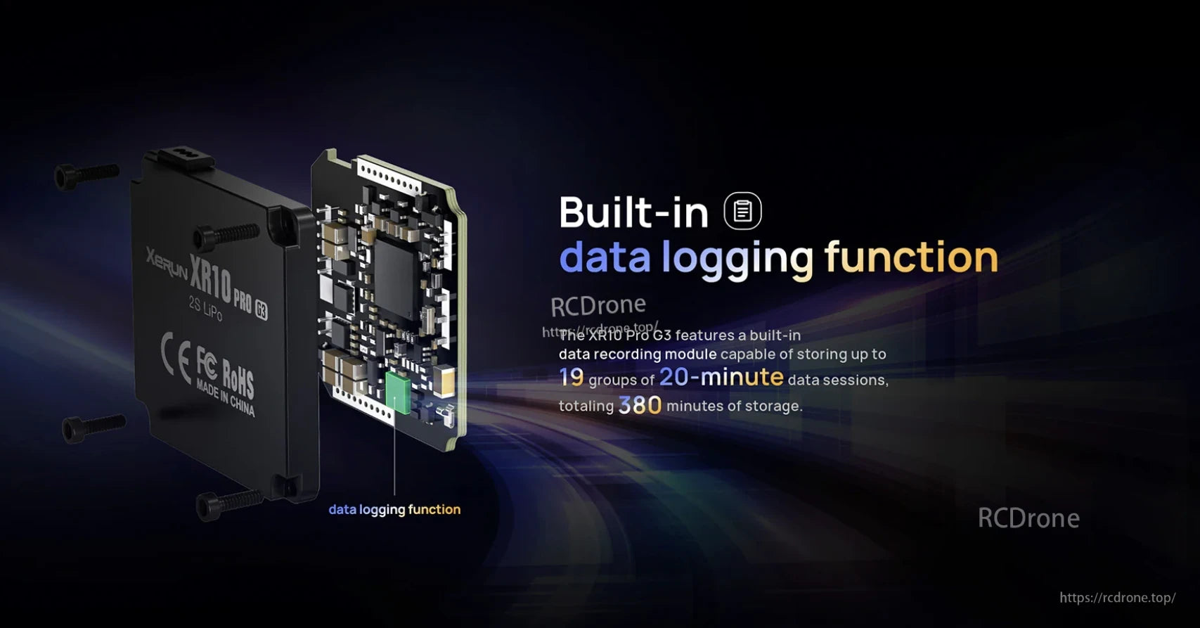 Hobbywing XeRun XR10 Pro G3 ESC graphic highlighting built-in data logging with 19x 20-minute sessions (380 min).