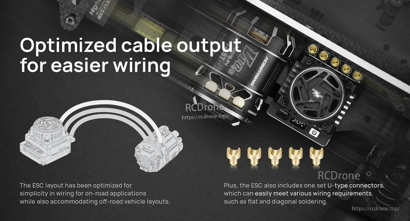 Hobbywing XeRun XR10 Pro G3 ESC with optimized cable output layout and included U-type motor connectors