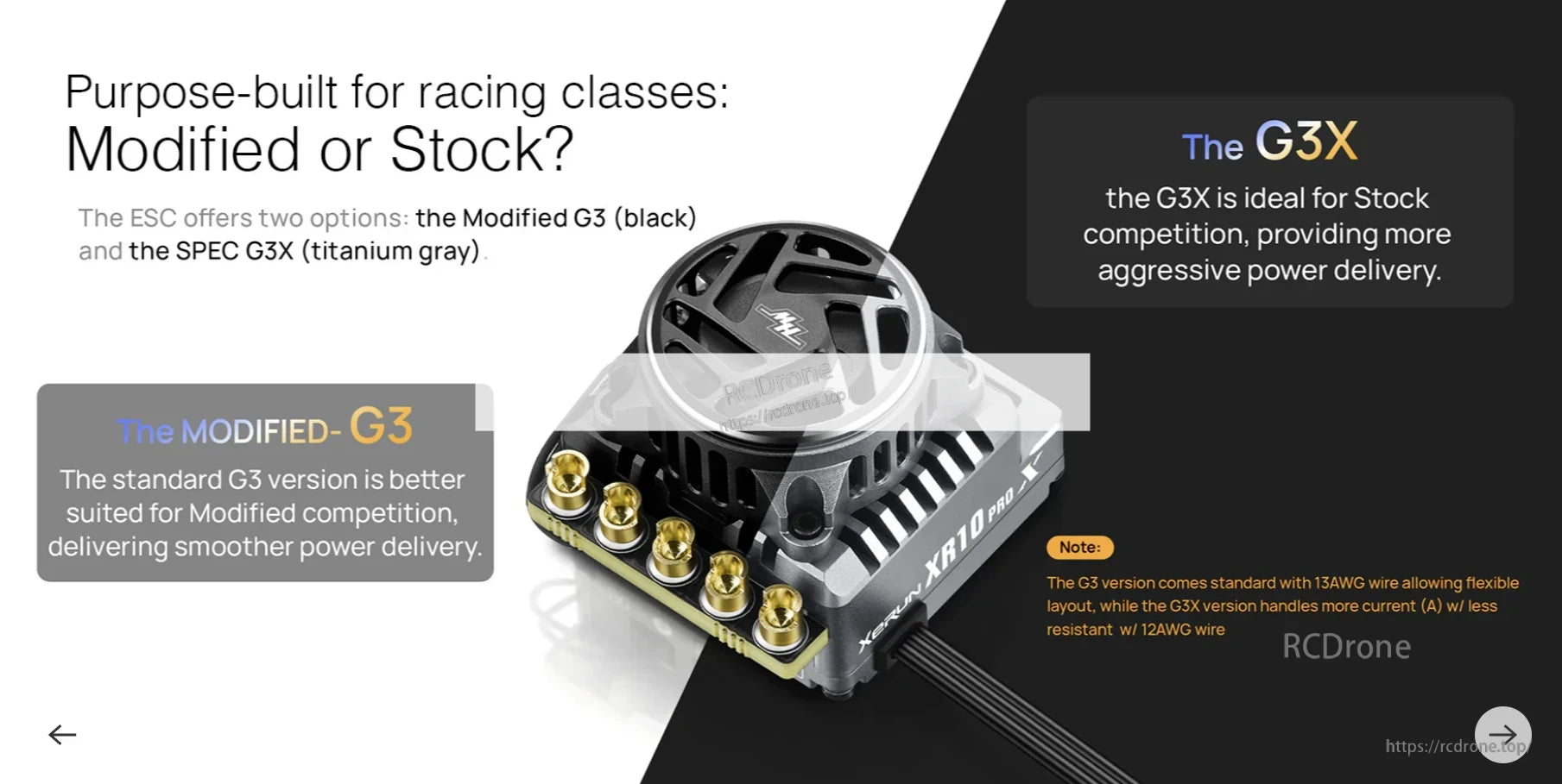 Hobbywing XeRun XR10 Pro G3 ESC, Hobbywing XeRun XR10 Pro ESC with cooling fan and gold motor terminals, comparing G3 and G3X versions
