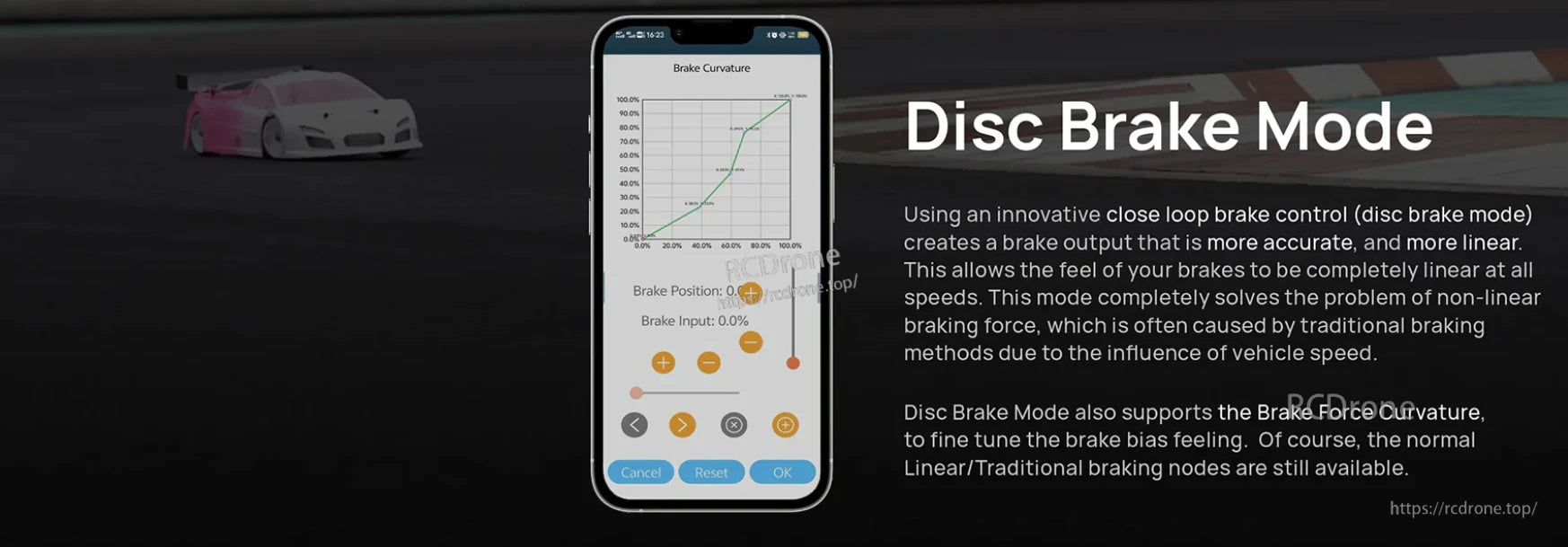 Smartphone tuning screen showing Brake Curvature graph and Disc Brake Mode settings for Hobbywing XeRun XR10 Pro G3 ESC