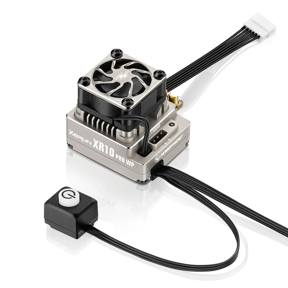 Hobbywing XeRun XR10 Pro WP ESC, Hobbywing XeRun XR10 Pro WP RC ESC with cooling fan, wired switch, and multi-pin harness connector