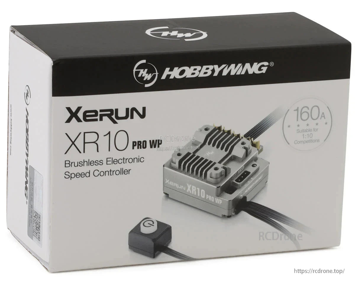 Hobbywing XeRun XR10 Pro WP ESC, Hobbywing XeRun XR10 Pro WP brushless ESC retail box with 160A rating and XR10 Pro WP controller pictured