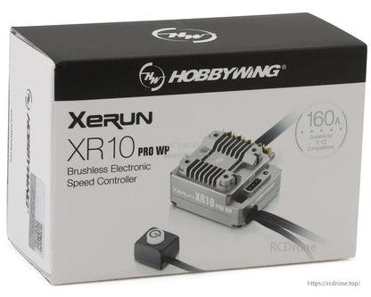 Hobbywing XeRun XR10 Pro WP ESC, Hobbywing XeRun XR10 Pro WP brushless ESC retail box with 160A rating and XR10 Pro WP controller pictured