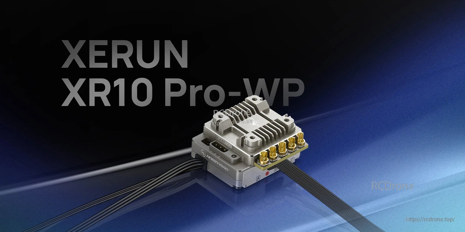 Hobbywing XeRun XR10 Pro WP ESC, Hobbywing XeRun XR10 Pro WP brushless ESC with aluminum heatsink, gold motor terminals, and wiring harness