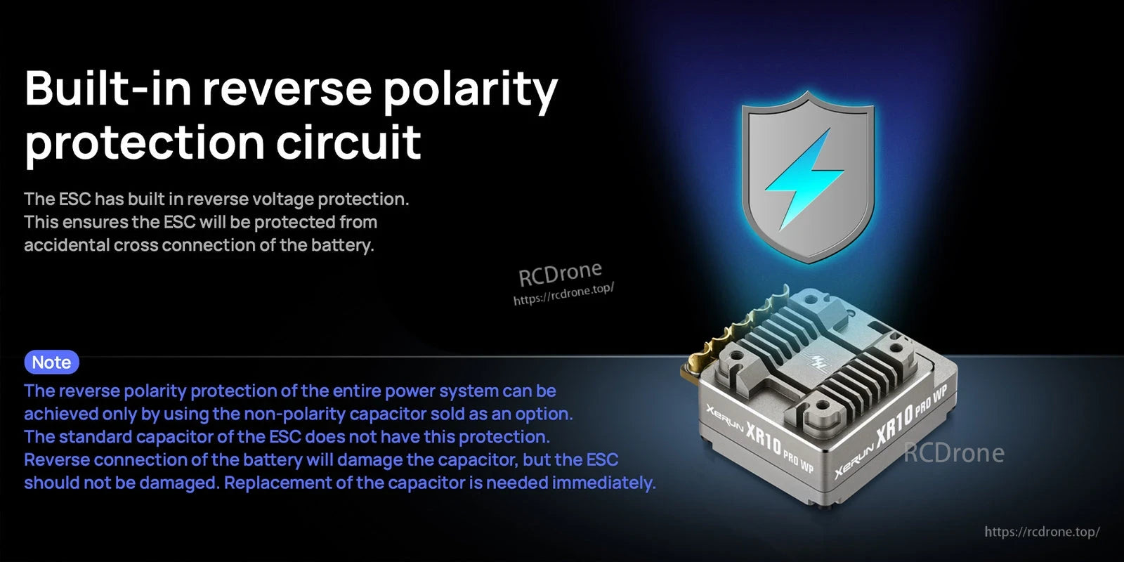 Hobbywing XeRun XR10 Pro WP ESC with reverse polarity protection graphic and XR10 Pro WP controller
