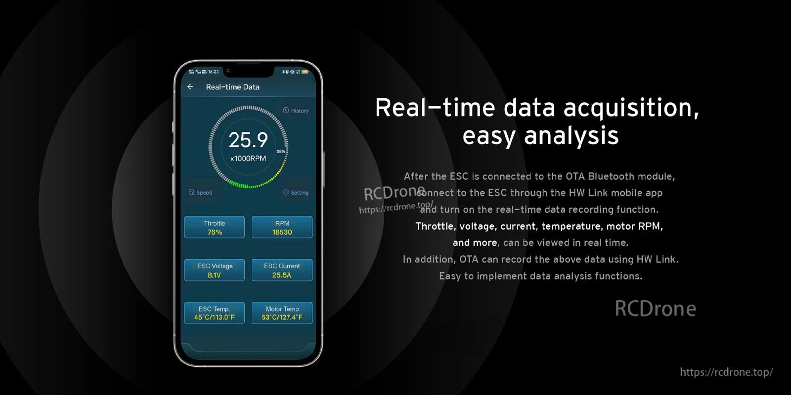 Hobbywing XeRun XR10 Pro WP ESC real-time telemetry screen in HW Link app showing RPM, throttle, voltage and temps