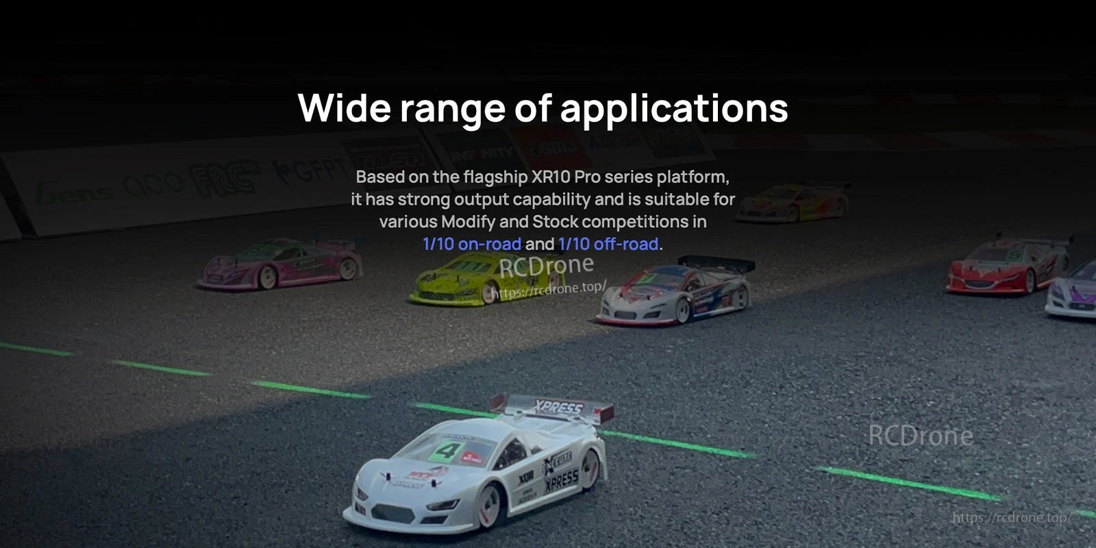 Hobbywing XeRun XR10 Pro WP ESC, Banner stating wide range of applications for XR10 Pro series, suitable for 1/10 on-road and 1/10 off-road RC