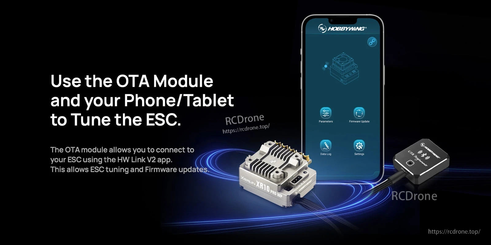 Hobbywing XeRun XR10 Pro WP ESC with OTA module for phone/tablet tuning and firmware updates via HW Link V2 app