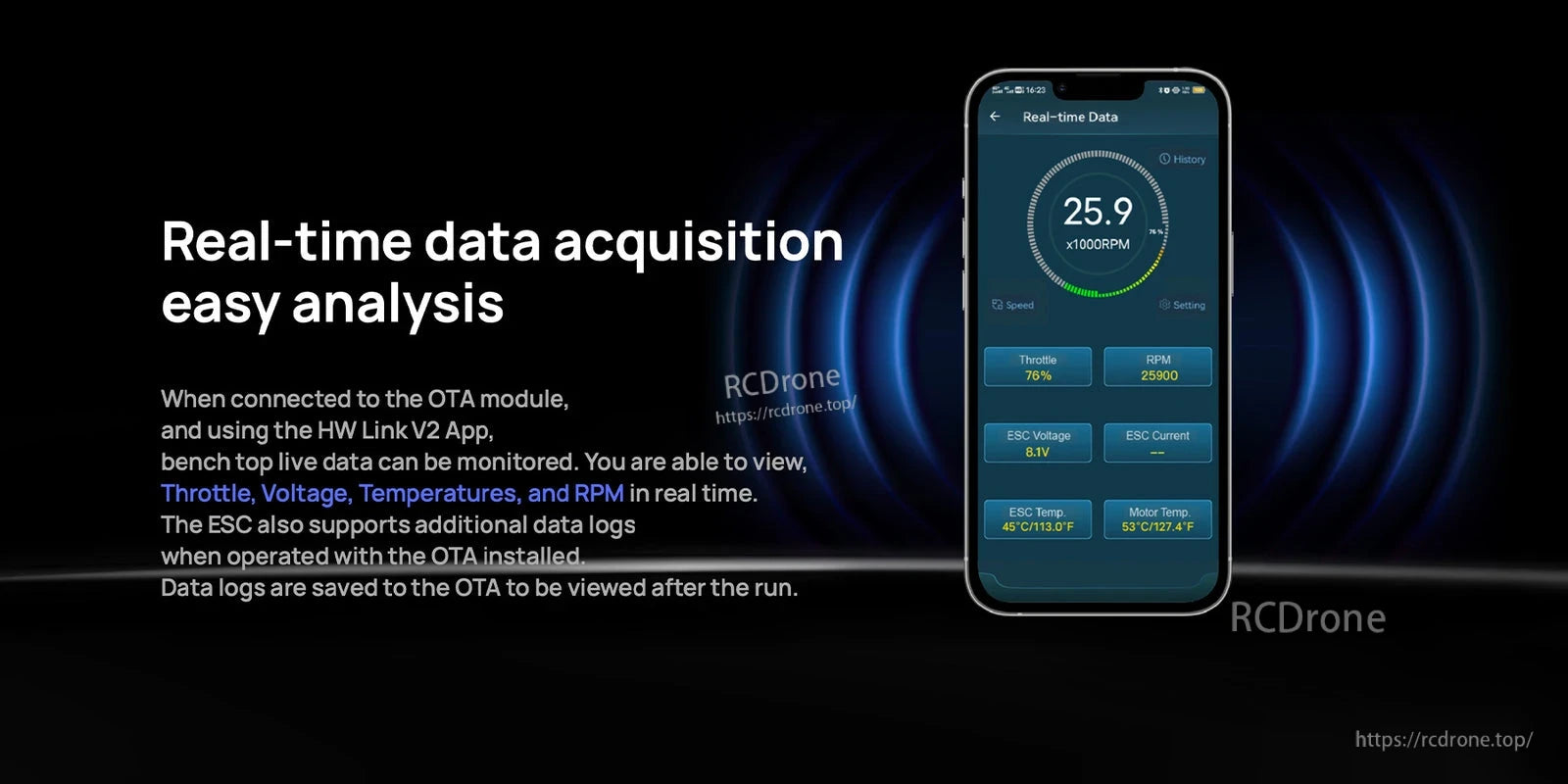 HW Link V2 app real-time data screen for Hobbywing XeRun XR10 Pro WP ESC, showing RPM, throttle, voltage, and temps
