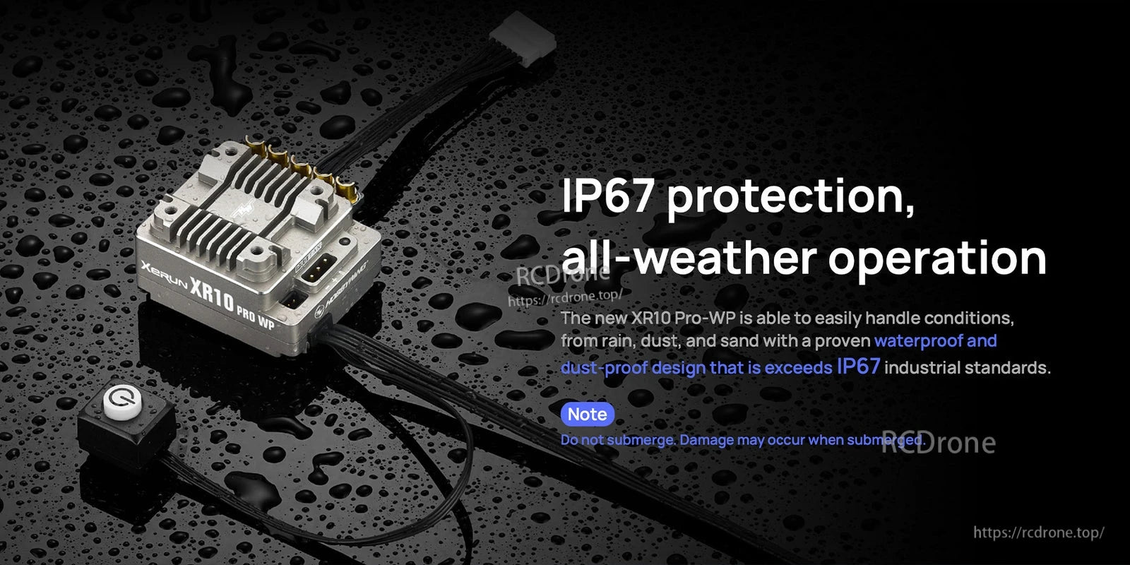 Hobbywing XeRun XR10 Pro WP ESC with heatsink, wiring harness and switch, highlighting IP67 protection