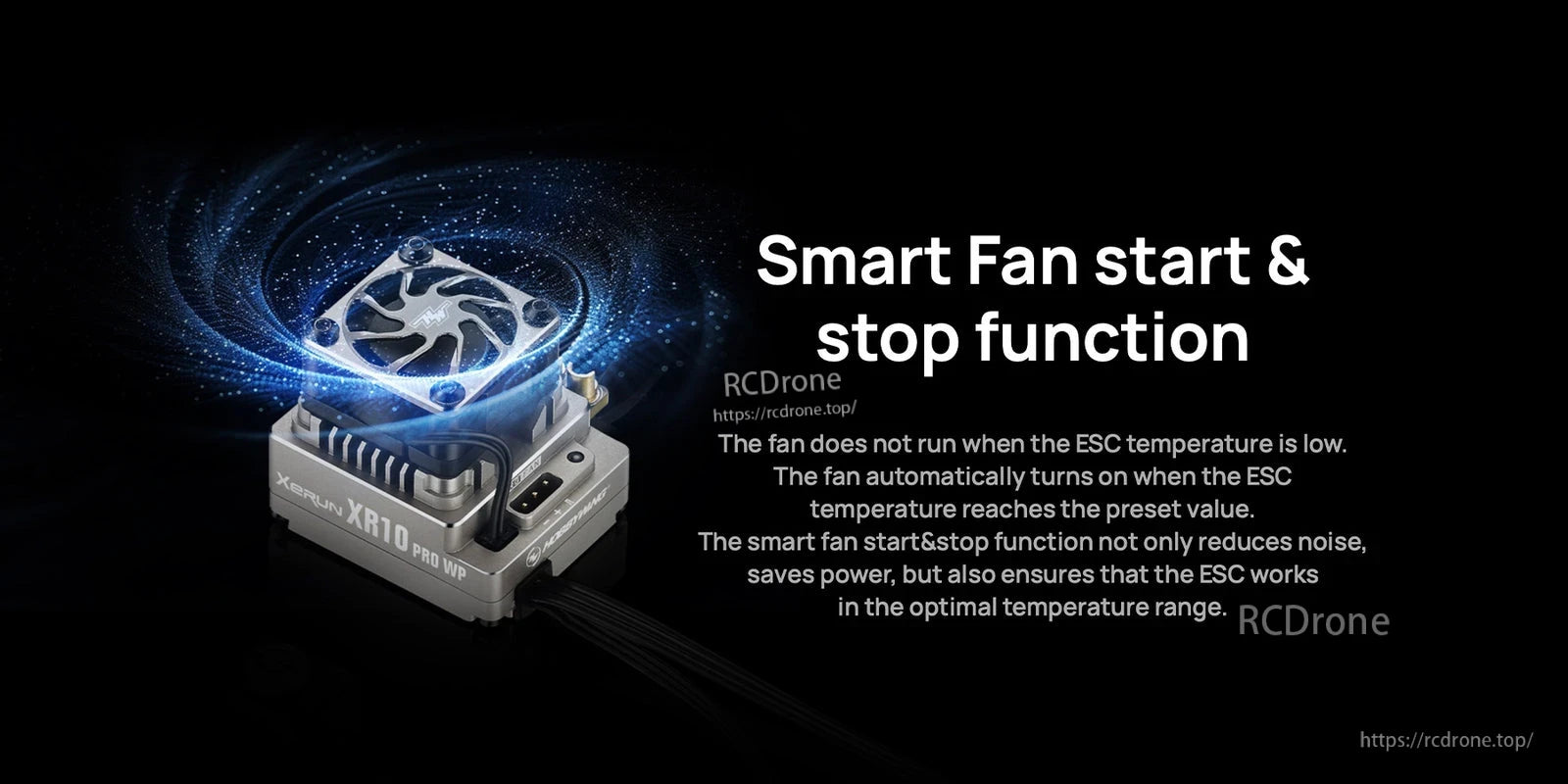 Hobbywing XeRun XR10 Pro WP ESC with cooling fan and smart fan start/stop temperature-activated feature