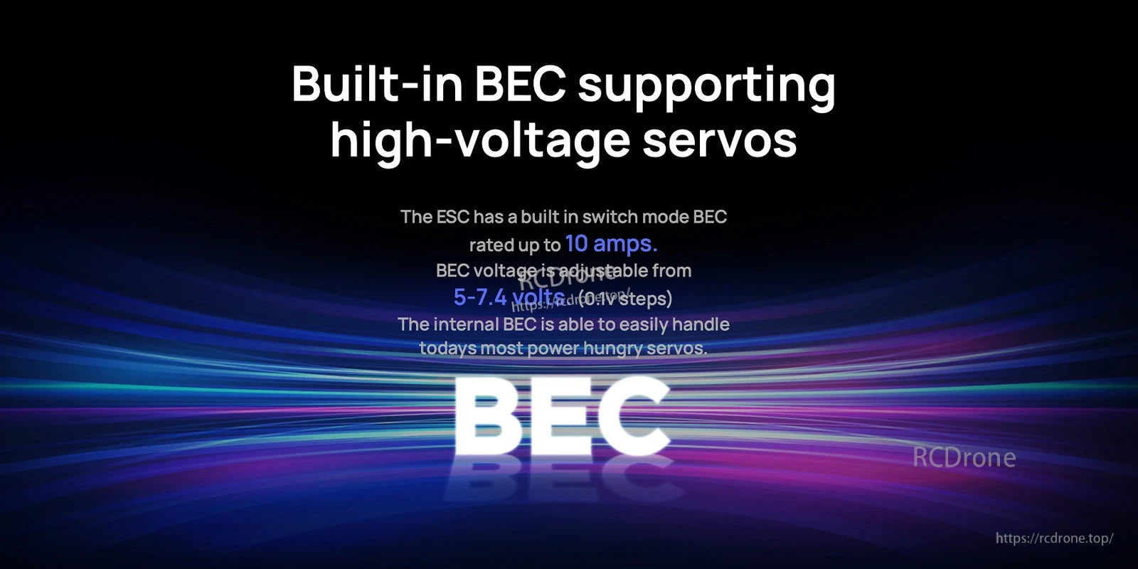 Hobbywing XeRun XR10 Pro WP ESC graphic listing built-in BEC specs: up to 10A and adjustable 5–7.4V