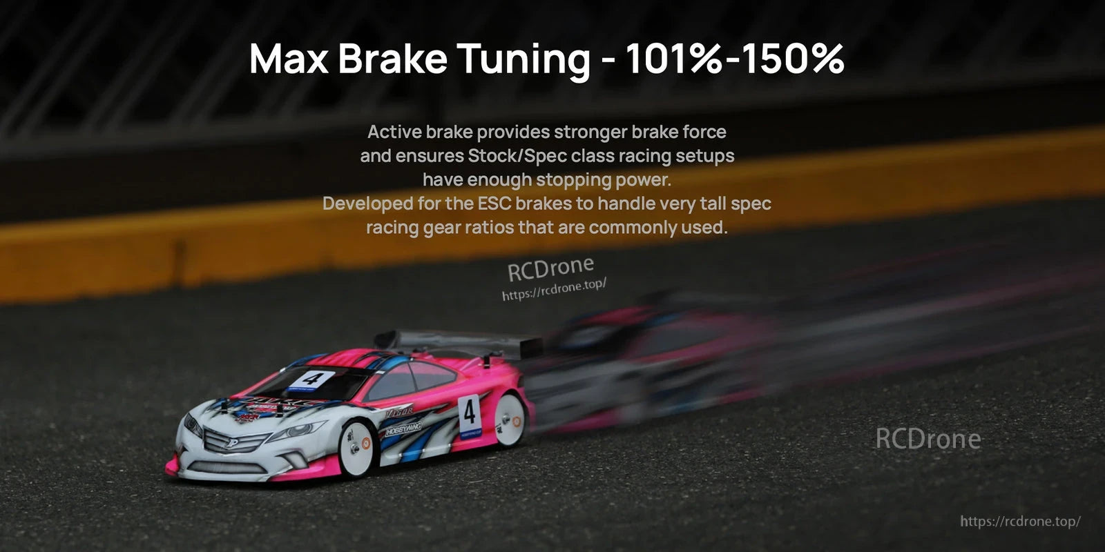 Hobbywing XeRun XR10 Pro WP ESC promo showing RC touring car racing and text “Max Brake Tuning 101%–150%”.