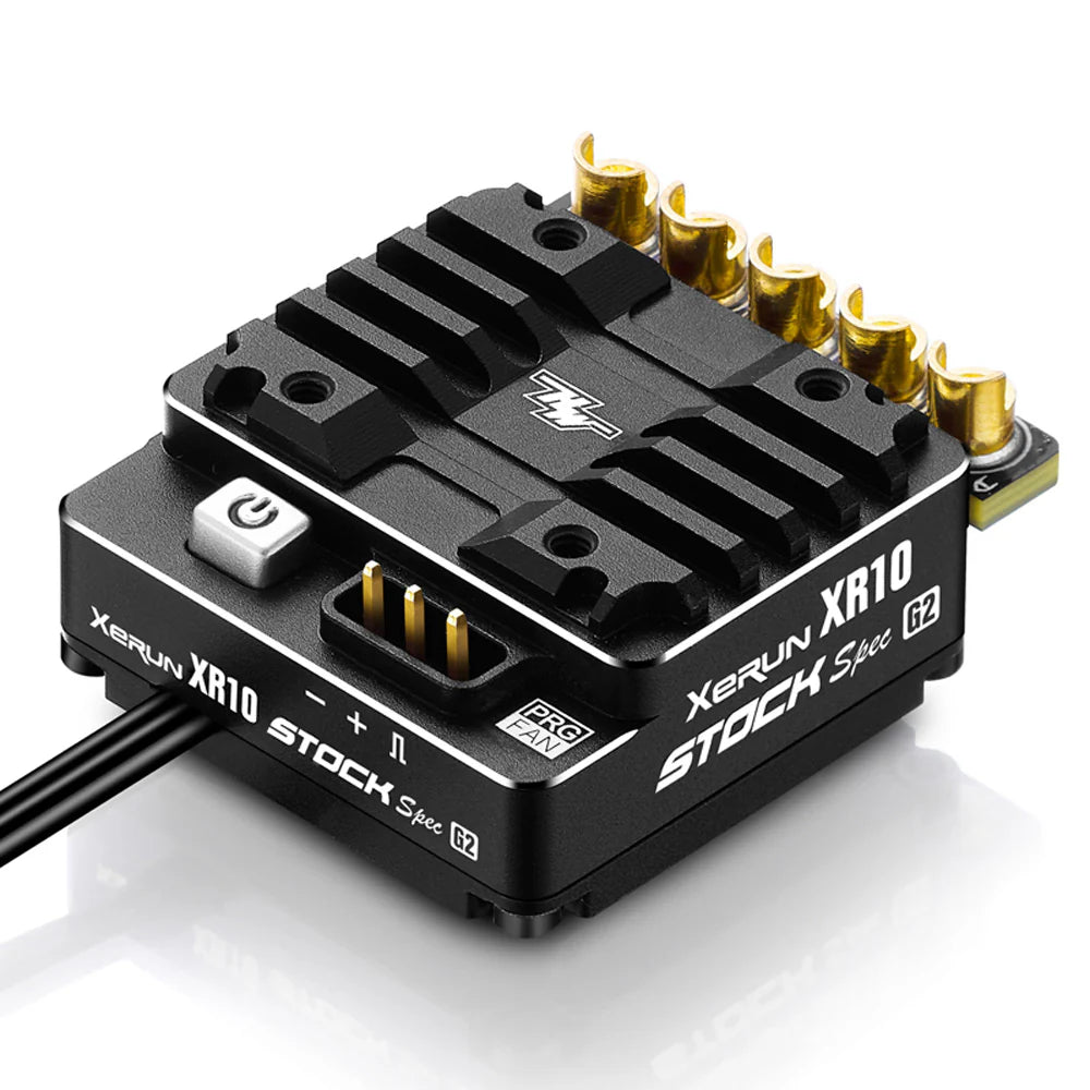Hobbywing XeRun XR10 Stock Spec G2 sensored brushless ESC with finned heatsink, power button, and PROG/FAN port