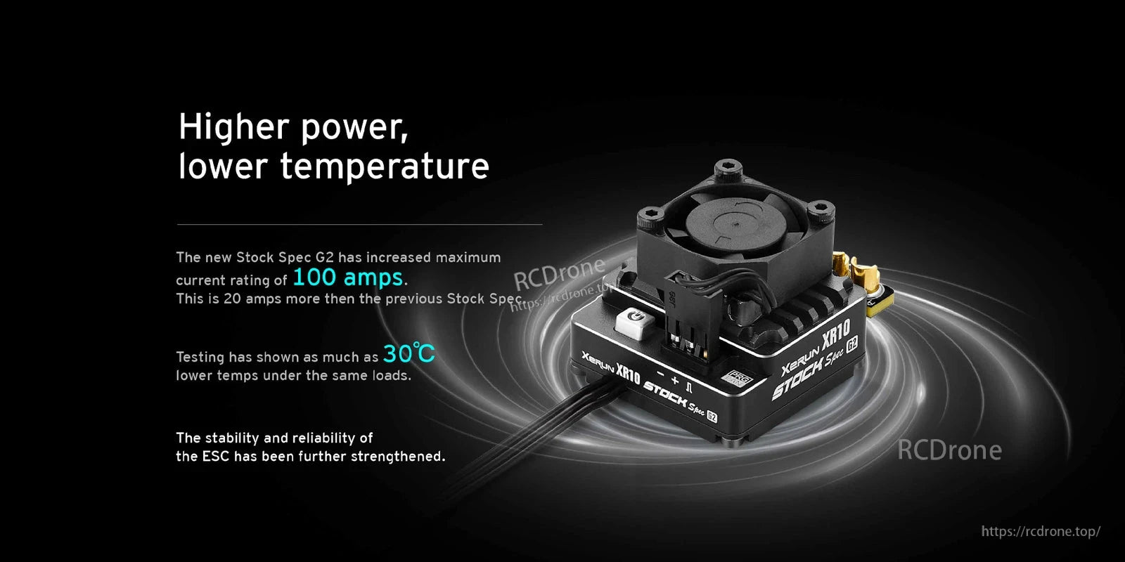 Hobbywing XeRun XR10 Stock Spec G2 sensored brushless ESC with cooling fan, 100A rating and “30°C lower temps” callout