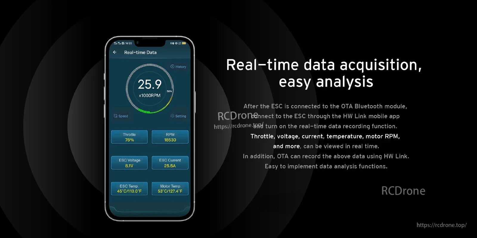 HW Link mobile app real-time data screen for Hobbywing XeRun XR10 ESC, showing throttle, RPM, voltage, and temps