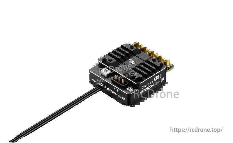 Hobbywing XeRun XR10 Stock Spec G2 brushless ESC with black heatsink, gold terminals, and attached wires