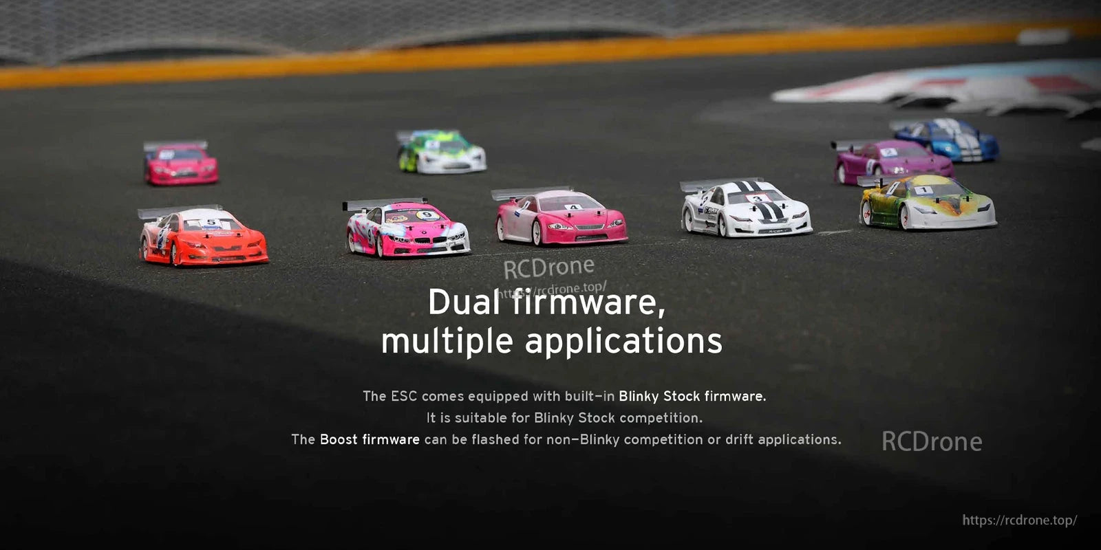 Hobbywing XeRun XR10 Stock Spec G2 ESC graphic about dual firmware for blinky stock and boost competition modes
